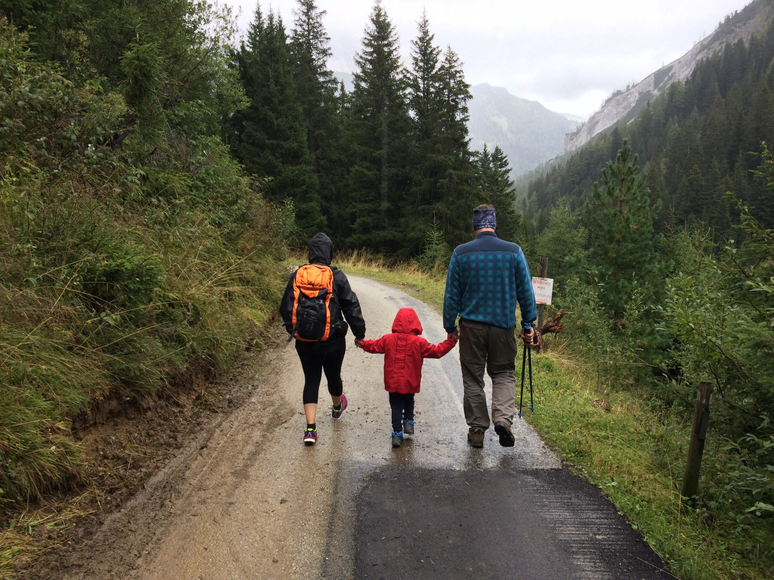 Parents walking in forest with small child