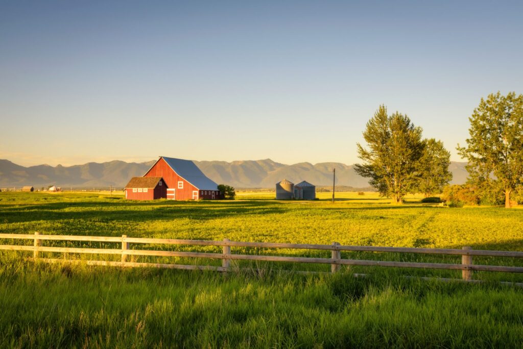 a barn in a green field