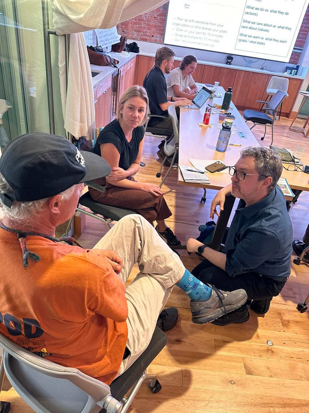 3 people in a workshop/meeting/action lab